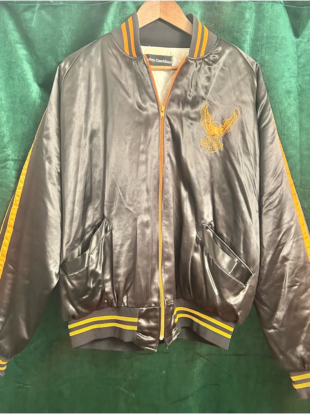 Harley-Davidson AMF vintage Black Satin Bomber Jacket with Orange  Trim
